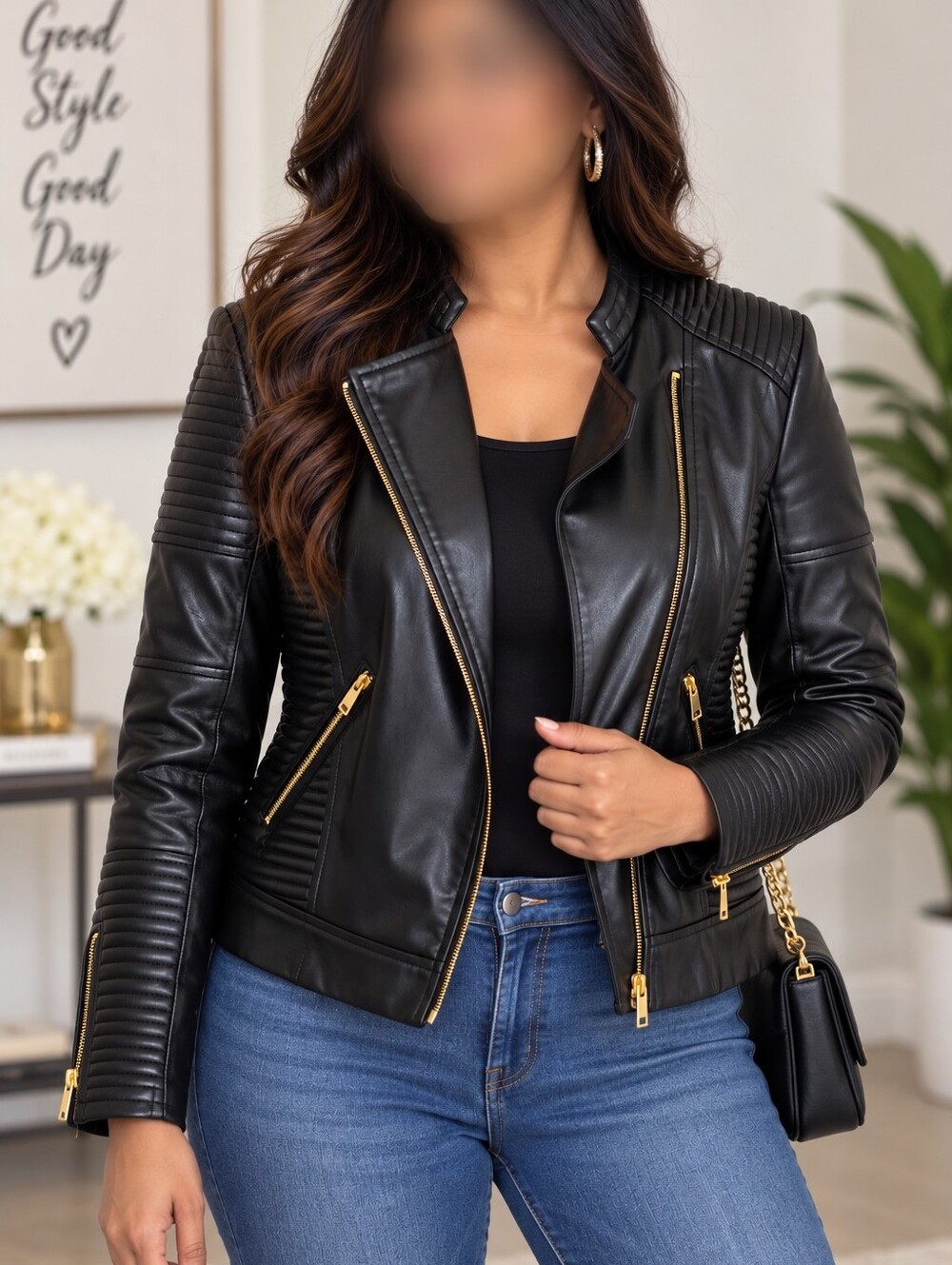 Catherine Malandrino Black Faux Leather Moto Jacket Gold Zippers Women’s M